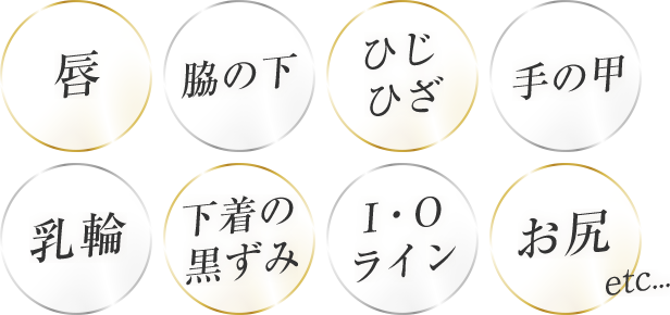 唇、脇の下、ひじひざ、手の甲、乳輪、I・Oライン、お尻